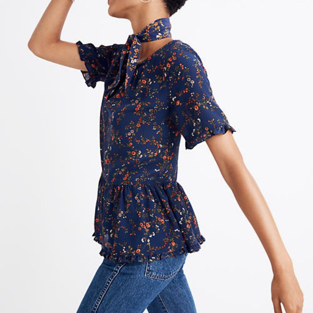 madewell | silk stanza ruffle hem navy floral peplum top s